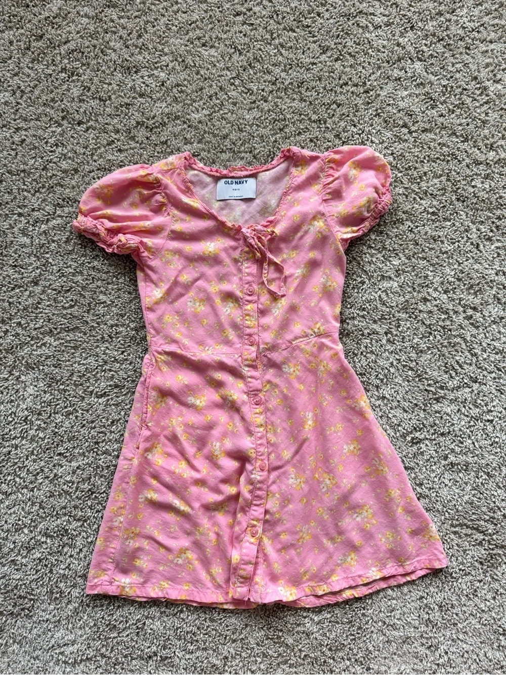 Old Navy Girls Pink Floral Dress Size Small 6/7 Puff Sleeve Button Front
